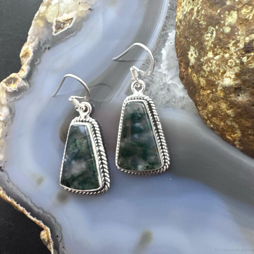 Sterling Southwestern Style Trapezoid Moss Agate Dangle Earrings For Women - Picture 5 of 10